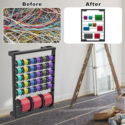 SELEWARE Heavy Duty Wall-Mounted Wire Spool Rack – Cable Reel Holder and Dispenser with 6 Adjustable Stainless Steel Rods for Industrial, Electrical, and Retail Storage and Display (Black) - color: C: Black Wall Mounted Wire Spool Rack (6 Rods)