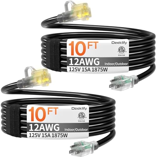 12awg 10 FT 2 Pack Heavy Duty Outdoor Extension Cord Waterproof with Lighted End, Black 12 Gauge Extension Cord Flexible and Cold Resistant 3 Prong Grounded Plug, 15Amp 1875W SJTW ETL Listed - size: 10ft-2pcs