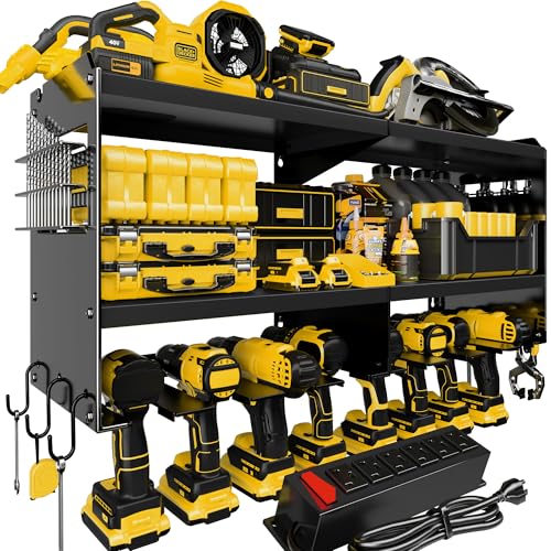 Spampur Power Tool Organizer Wall Mount with Charging Station, 15 Min Assembly & Maximum 420lb Load by Heavy Duty Metal, 8 Slots for Cordless Drill, Tool Battery Holder with 6 Outlet Power Strip - color: Black, size: 8 Slots