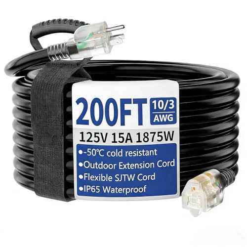 Outdoor/Indoor Extension Cord with Lighted 10/3 Gauge Ultra 3 Prong Heavy Duty SJTW, Waterproof, Flexible Cold-Resistant,15A 125V 1875W, Black 200ft - size: 200FT