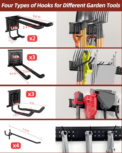 64-Inch Garage Storage Tool Organizer Wall Mount, Heavy Duty Garage Organization Metal Rack with 12 Hooks, Garden Tool Hanger Holder for Broom, Shovels, Ladders, Lawn Tools - size: 64" 4 Panels & 14 Hooks