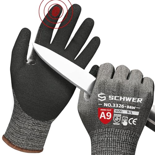 Highest Level Cut Resistant Work Gloves PR3326 for Extreme Protection，ANSI A9 Cut Gloves with Reinforced Thumb, Non Slip, Breathable, Durable, Touch-screen, Non PFAS, Black 1 Pair（L）