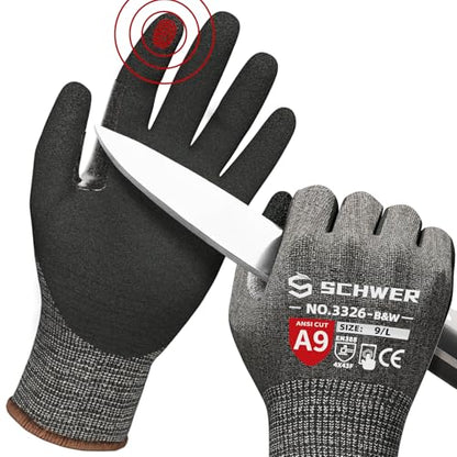 Highest Level Cut Resistant Work Gloves PR3326 for Extreme Protection，ANSI A9 Cut Gloves with Reinforced Thumb, Non Slip, Breathable, Durable, Touch-screen, Non PFAS, Black 1 Pair（L）