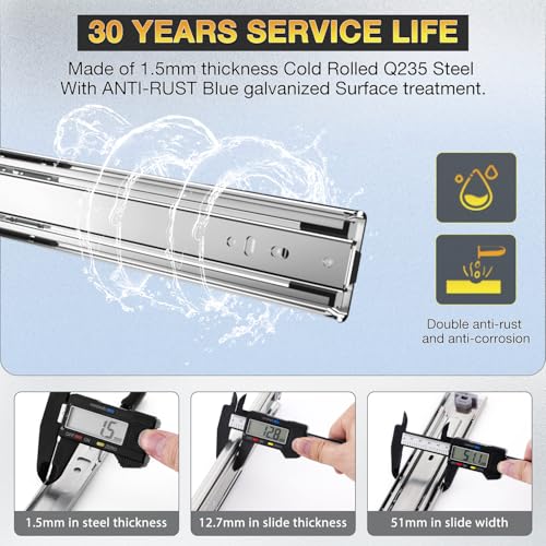 YENUO Heavy Duty Drawer Slides Full Extension Side Mount 12 14 16 18 20 22 24 26 28 30 32 34 36 40 Inch Metal Rails Track Guide Glides Runners 150 Lbs 1 Pair (Without Lock, 20 inch) - size: 20 Inch