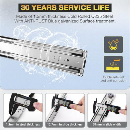 YENUO Heavy Duty Drawer Slides Full Extension Side Mount 12 14 16 18 20 22 24 26 28 30 32 34 36 40 Inch Metal Rails Track Guide Glides Runners 150 Lbs 1 Pair (Without Lock, 16 inch) - size: 16 Inch