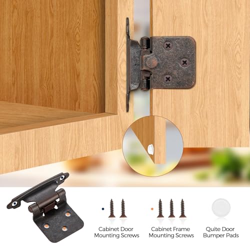 4 Pack (2 Pairs) Antique Copper Cabinet Hinges for Kitchen Doors, Self-Closing, 1/2 Inch Overlay (Variable), Semi-Concealed Face Frame, Surface Mount Cabinet Hardware - color: Antique Copper