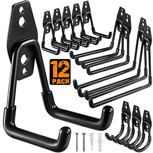 HUPBIPY 12 Pack Garage Hooks Heavy Duty Utility Steel with Anti-Slip Coating Wall Mount Storage Organizer for Hanging Power and Garden Tools, Ladders, Hose, Bikes, Ropes, Bulk Items, and More - color: 12 Pack Black
