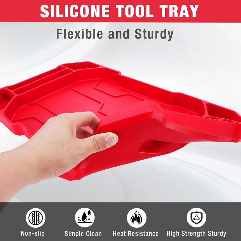 WORKPRO 5-Piece Non-Slip Tool Tray Set, 3-Piece Silicone Flexible Tools Organizers and 2-Piece Magnetic Parts Tool Tray, Tool Mat, Tool Holder, Tool Storage (Only Parts Tray Magnetic)