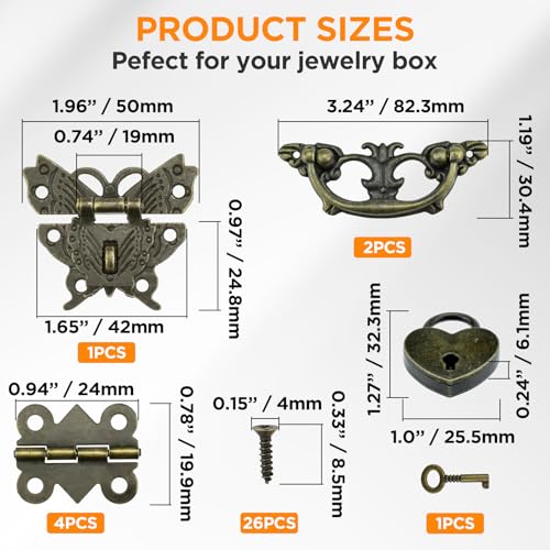 1 Set Retro Engraved Jewelry Box Hinges Hasp Catch Handles Lock Set, Decorative Hardware Kit with Screws for DIY Wooden Case Furniture Cabinet Suitcase Decoration and Repairs (Antique Bronze)