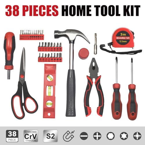 SPICIMOMO Basic Home Red Tool Kit - 38 Pieces Tool Set with Portable Storage Boxes for Daily Repairing and Maintenance, Home DIY Tool Kit Set for Office & Garage - style: 38 Pieces Red