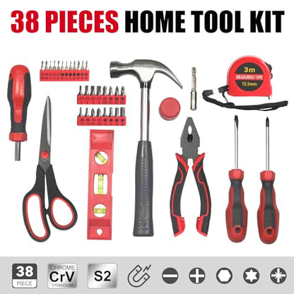 SPICIMOMO Basic Home Red Tool Kit - 38 Pieces Tool Set with Portable Storage Boxes for Daily Repairing and Maintenance, Home DIY Tool Kit Set for Office & Garage - style: 38 Pieces Red