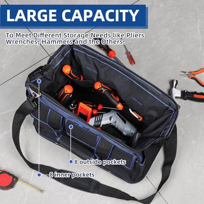 Tool Bag 16'', Multi-pocket Tool Organizer with Water Proof Plastic Base, Heavy Duty Tote with Shoulder Strap for Tool Storage, Black & Blue - color: Blue