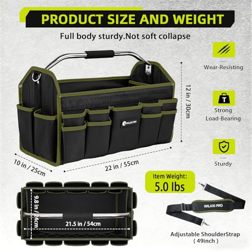 22in Tool Bags For Men Heavy Duty, 33 PCS Pockets Tool Bag Organizer Foldable Open Top Tool Bag With Handle, Wide Mouth Electrician Tool Tote, Green - size: 22inch