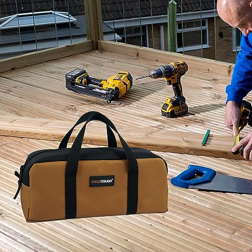 MELOTOUGH Canvas Tool Bag 14 Inch Tool Tote Bag with Zipper Heavy Duty Portable Tool Organizer Bag for Electrician,HVAC,Carpenter,Mechanic,Plumbing(Tan) - color: TanBlack