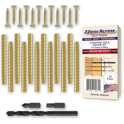 12-PK - #9x3 Brass Screws Permanent Door Hinge Repair Kit – Easy Stripped Screw Hole Fix – Reinforce Hinges, Strike Plates & Door Jamb – Quickly Fix Stripped Hinge Screws - Made in USA