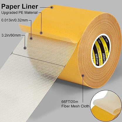 Double-Sided Tape Strong and Tough, Extra Large 3.2in x 66FT(20m), Durable Duct Cloth Carpet Rugs Fiberglass Mesh Tape, High Stickiness 2 Sided, Multipurpose Removable Residue-Free, Easy Tear - size: 3.2" x 66FT