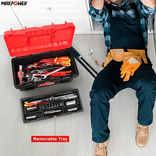 MAXPOWER Tool Box 16 inch, Plastic Small Tool Box with Latch and Removable Tray, Lockable Toolbox for Home - style: 16" red