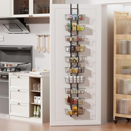 10-Tier Over The Door Organizer with Baskets - Heavy Duty Spice Rack Metal Hanging Shelf for Pantry & Kitchen | Adjustable Spice Rack, Space-Saving Hanging Storage for Bathroom, Laundry, Black - color: Black, size: 10-tier