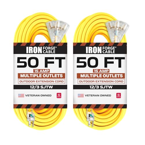 Iron Forge Cable 2 Pack 50 Foot Lighted Outdoor Extension Cord with 3 Outlets - 12/3 SJTW Heavy Duty Yellow Extension Cable 3 Prong - Multiple Outlets - size: 50 Foot, style: 2 Pack