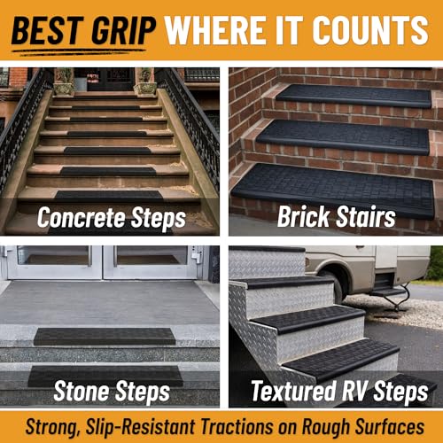 Ottomanson Bullnose Stair Treads Outdoor – Ribbed Heavy-Duty Non-Slip Stair Mats – Best Grip on Concrete, Brick & Textured Step – Fastening Required for Wooden & RV Steps, Pack of 5 - color: Black Ribbed Squares - Bullnose