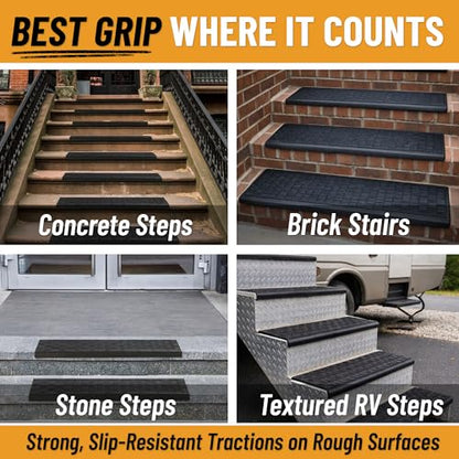 Ottomanson Bullnose Stair Treads Outdoor – Ribbed Heavy-Duty Non-Slip Stair Mats – Best Grip on Concrete, Brick & Textured Step – Fastening Required for Wooden & RV Steps, Pack of 5 - color: Black Ribbed Squares - Bullnose