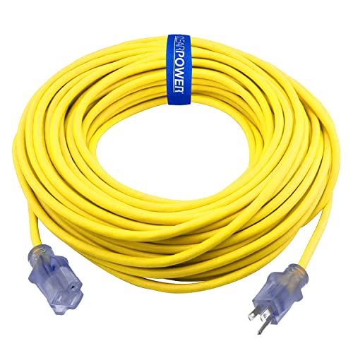 Clear Power 100ft 12/3 SJTW Yellow Outdoor Extension Cord w/Power Indicator Light, CP10149 - color: Yellow, size: 100 ft, style: Lighted End