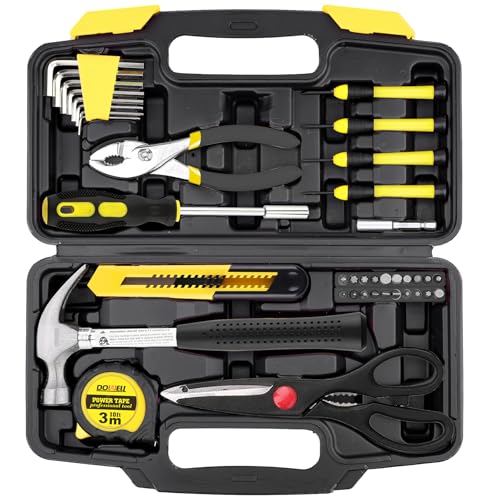 DOWELL 40 Piece Home Tool Set Yellow, General Household Hand Tool Kit with Plastic Toolbox Storage Case, Mini Repair Tool kit for Women, College Students, Home Use & More - color: Yellow