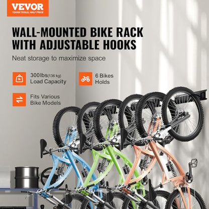VEVOR Bike Storage Rack, 6 Bike Racks and 3 Helmets Hooks, Wall Mount Bike Storage Hanger, Home & Garage Organizer, Customizable for Various Bike Sizes, Adjustable Holder, Holds Up to 300 lbs, 48-inch - size: 48 Inch