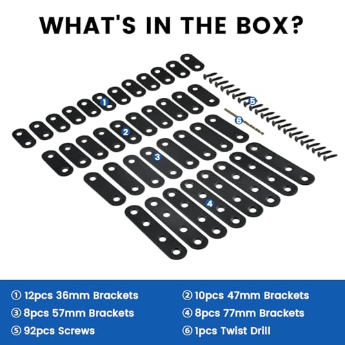 38Pcs Black Straight Flat Metal Bracket, Stainless Steel Mending Plates with 92 Screws & Drill Bit, 36mm/46mm/56mm/76mm, Heavy-Duty Brace for Wood Furniture, Chair