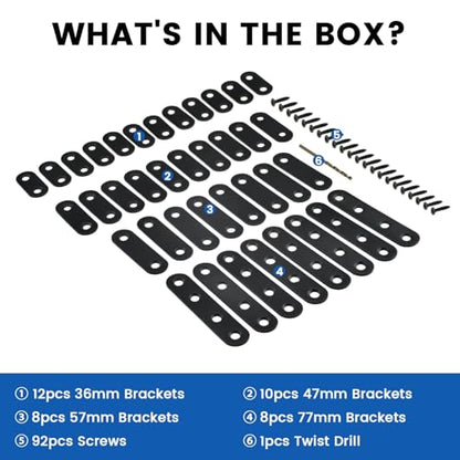 38Pcs Black Straight Flat Metal Bracket, Stainless Steel Mending Plates with 92 Screws & Drill Bit, 36mm/46mm/56mm/76mm, Heavy-Duty Brace for Wood Furniture, Chair