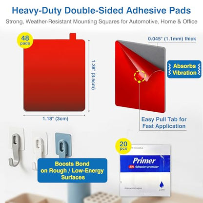 Heavy Duty Double-Sided Adhesive Pads – 48 Pre-Cut Foam Mounting Squares with Adhesion Promoter, Heat & Weather-Resistant Tape for Outdoor Lights, Solar Fixtures, Trim, Home & Automotive Use
