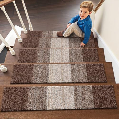 OLANLY Stair Treads Non Slip 15PCS, 8" x 30" Indoor Stair Runners for Wooden Steps, Edging Stair Rugs with Reusable Peel and Stick Adhesive for Kids Elders and Pets, Brown - color: Brown