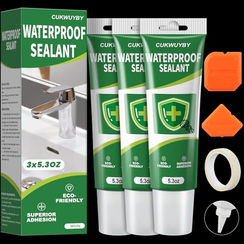 15.9 Oz Silicone Caulk (3 Pack 5.3 Oz) Squeeze Tube Waterproof Silicone Sealant for Kitchen Bathroom Stronger Adhesion White Caulk for Window Toilet Sink Caulking Sealant with Tape and Scraper - size: 15.9 OZ