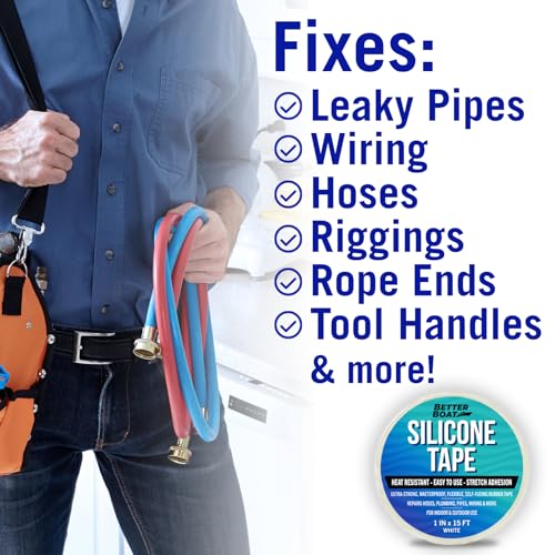 Better Boat Self Fusing Silicone Tape Waterproof White, Plumbing Tape for Leaks, Hose and Pipe Repair Tape, 1 in x 15 ft - color: White, size: 15 Ft x 1 in
