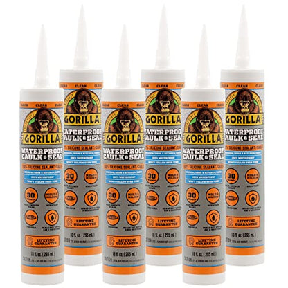 Gorilla Waterproof Caulk & Seal 100% Silicone Sealant; Clear; 10oz Cartridge (Pack of 6)