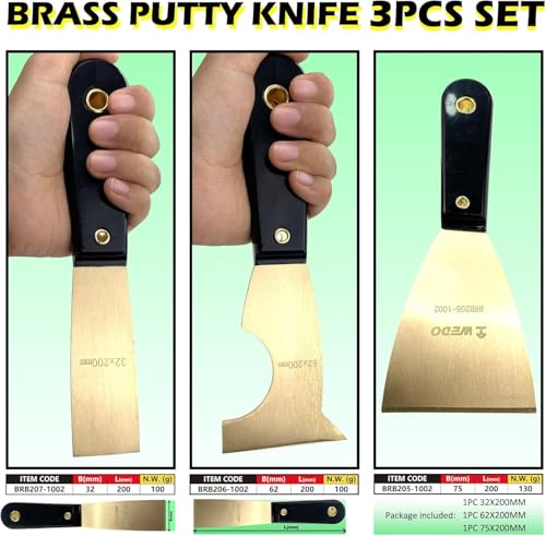 WEDO 3PCS Brass Putty Knife Set,Paint Scraper, Blade 3"+ 2-1/2" + 1-1/4",Spackle Knife, Wallpaper Scraper,Painters Tool, Crown Molding Tool, Paint Remover for Wood, Scraper