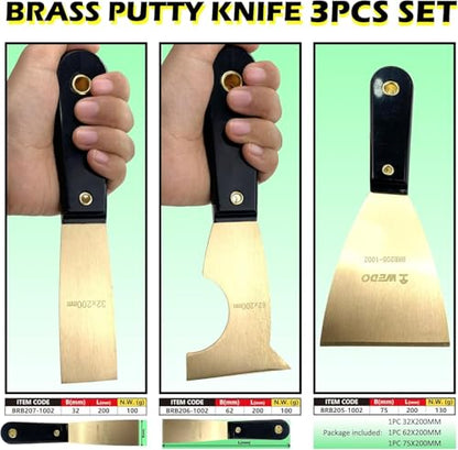 WEDO 3PCS Brass Putty Knife Set,Paint Scraper, Blade 3"+ 2-1/2" + 1-1/4",Spackle Knife, Wallpaper Scraper,Painters Tool, Crown Molding Tool, Paint Remover for Wood, Scraper