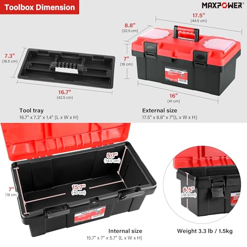 MAXPOWER 17 inch Tool Box, Small Plastic Toolbox with Handle, Removable Tray and Lockable Latches - style: 17" red