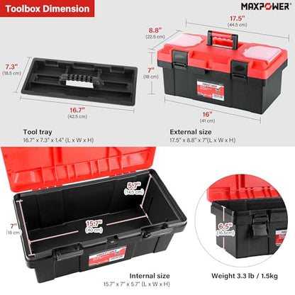 MAXPOWER 17 inch Tool Box, Small Plastic Toolbox with Handle, Removable Tray and Lockable Latches - style: 17" red