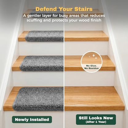 MBIGM Bullnose Non-Slip Stair Treads w/Reusable Adhesive 14 Pack 9.5" x 30" Wooden Steps Protection - TPU Backing with Steel Reinforcement - Anti-Slip Solution Knitted Dark Gray Non Slip Stair Tread - color: Dark Gray - Knitted
