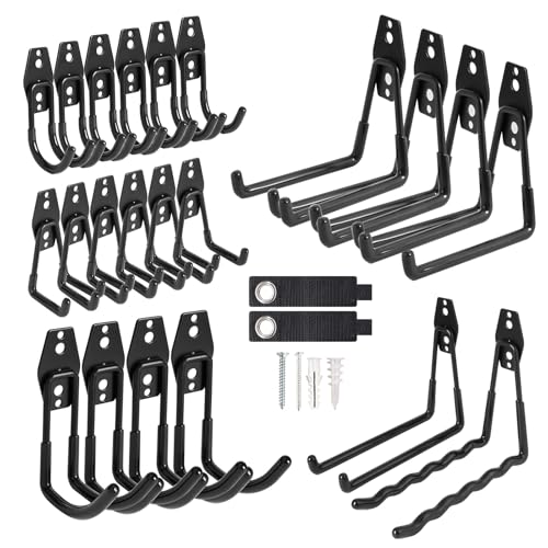 24 Packs Garage Storage Hooks, Heavy Duty Garage Hooks with Nylon Straps, Wall Mount Tool Organizer Hooks for Ladders, Bikes, Tools, Hoses, Suitable for Concrete, Brick, Wooden, Plaster Walls - color: Black, size: 24 Pack