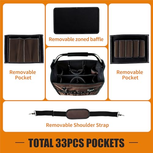 KUNLUN 17-Inch Open Top Tool Bag, Electrician Tool Bag, Tool Tote Bag Organizer for Easy Tool Access, 33 Pockets Foldable Tool Carrier with Rotating Steel Handle and Removable Shoulder Strap, Brown