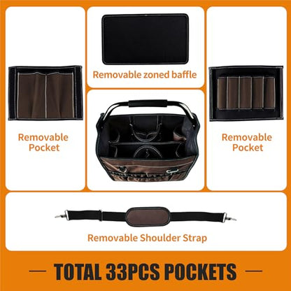 KUNLUN 17-Inch Open Top Tool Bag, Electrician Tool Bag, Tool Tote Bag Organizer for Easy Tool Access, 33 Pockets Foldable Tool Carrier with Rotating Steel Handle and Removable Shoulder Strap, Brown