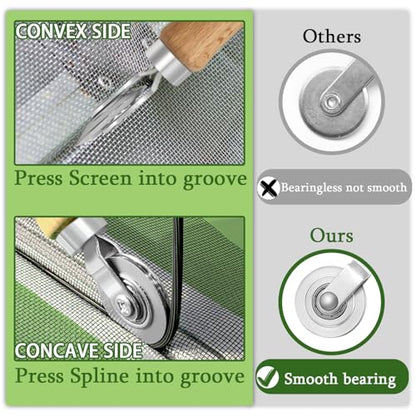 King&Charles Screen Repair Kit/Tool, Screen Roller Tool, Steel Roller with Bear, 32 ft Spline, Removal Hook, 3 in 1 Window Repair Kit, for Installing Door Window Mesh. - size: 3 in 1