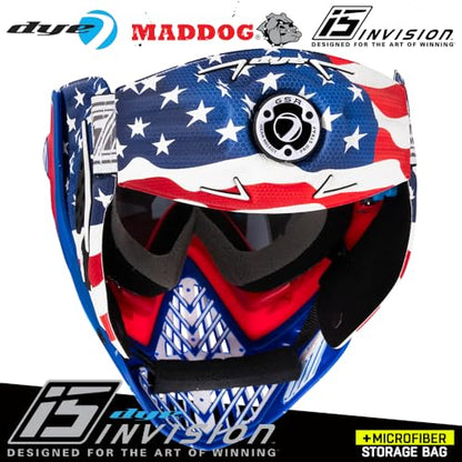 Maddog Dye i5 Thermal Anti-Fog Paintball Airsoft Mask Goggle System Combo with Microfiber Bag | Safety Certified Protection - color: Merica Red/White/Blue