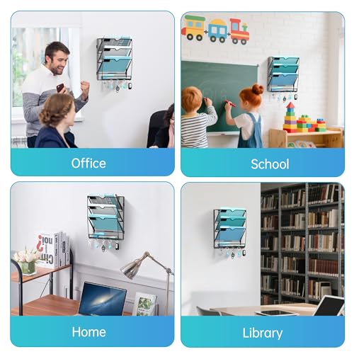 Wall File Organizer - Hanging File Organizer with 5 Hooks, Mail Holder Wall Mounted for Papers, Folders, Magazines, Bills, 4 Tier Office&School Organization, Black - size: 4 Tier-Black