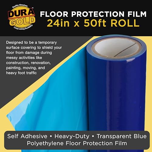 Dura-Gold Floor Protection Film, 24-inch x 50-Foot Roll, Clear Plastic Floor Protector, Self-Adhesive Plastic Floor Protection from Foot Traffic, Paint Spills, Dust, Construction, Moving - size: 24-inch-x-50-feet