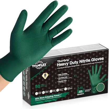 TitanFlex Heavy Duty Industrial Nitrile Gloves with Raised Diamond Texture, 8-mil, Latex Free (Green/Dark Green/Yellow) - color: 04 Dark Green (50ct), size: Large