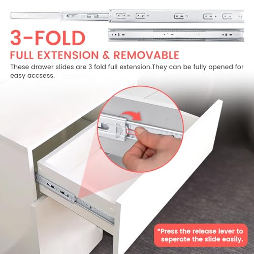 homdiy Side Mount 3 Fold Full Extension Drawer Slides 14 Inch 1 Pair Solid Ball Bearing Cabinet Tracks Heavy Duty Drawer Rails 100 LB Capacity for Kitchen Cabinet Dresser Replacement - size: 14 Inch