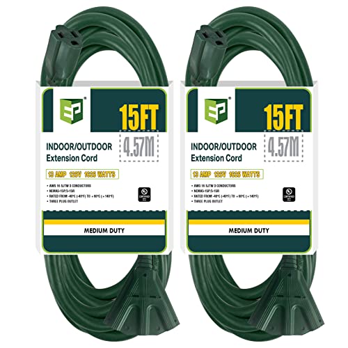 EP 15 Ft 16 Gauge Green Indoor Outdoor Extension Cord with 3 Outlets, 13A 1625W 125V, 16/3 SJTW Power Cord, 3 Prong Grounded Plug for Lights, Garden and Major Appliances, ETL Listed,2PK - color: Green, size: 15ft-2PK